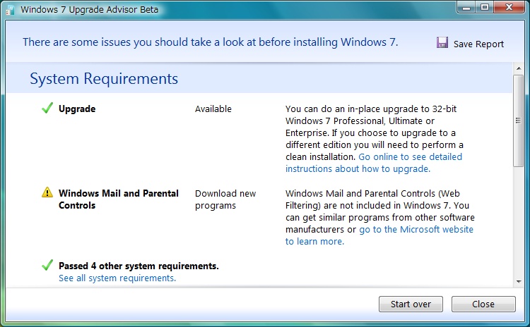 「Windows 7 Upgrade Advisor」の画面