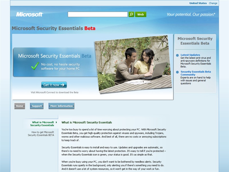 「Microsoft Security Essentials」のサイト