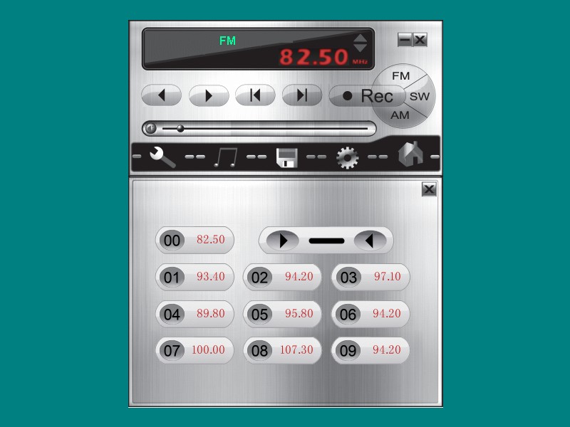 短波、FM、AMをそれぞれ100局分登録できるプリセットボタンパネル。右下のアイコンをクリックすると表示される