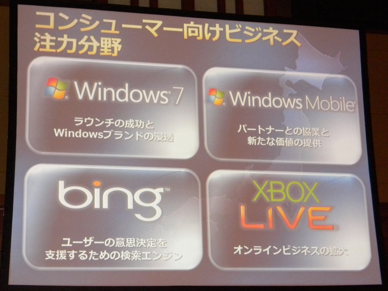 「Windows 7」「Windows Mobile」「bing」「Xbox LIVE」がコンシューマー向けの注力分野