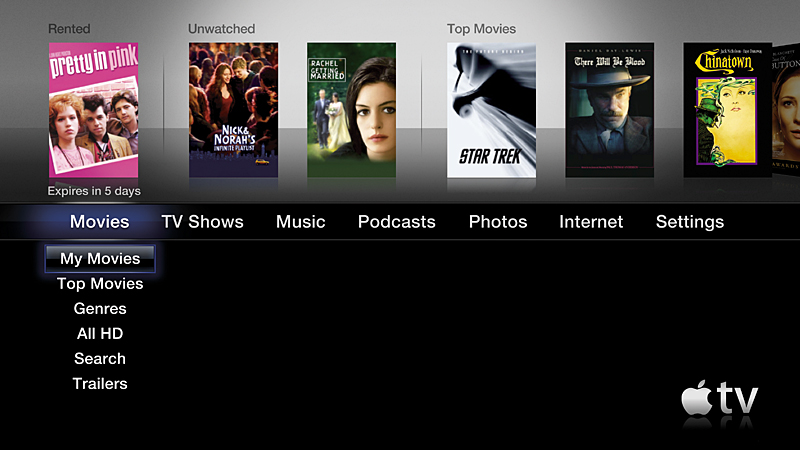 「Apple TV 3.0 ソフトウェア」適用後のメニュー画面（画面は英語版のもの）