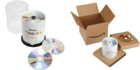 （左から）「Amazonベーシック」で販売されるDVD-R100枚組パックと「Amazonフラストレーションフリーパッケージ」の梱包イメージ
